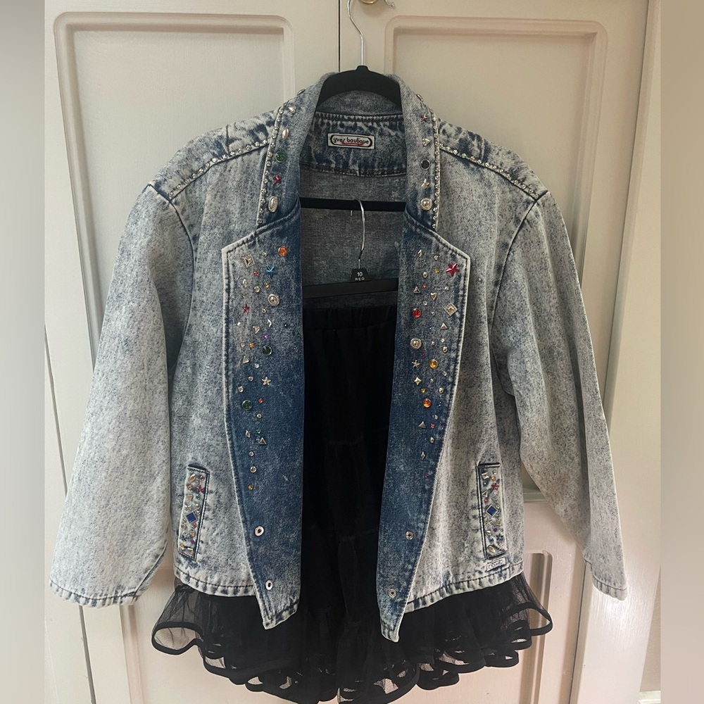 80’s out fit. Jacket and skirt. Bedazzled jacket acid wash denim jacket.